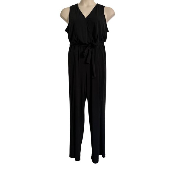 NY Collection Petite XL Sleeveless Black Jumpsuit Tie Waist Stretchy Pockets NWT - Picture 9 of 11